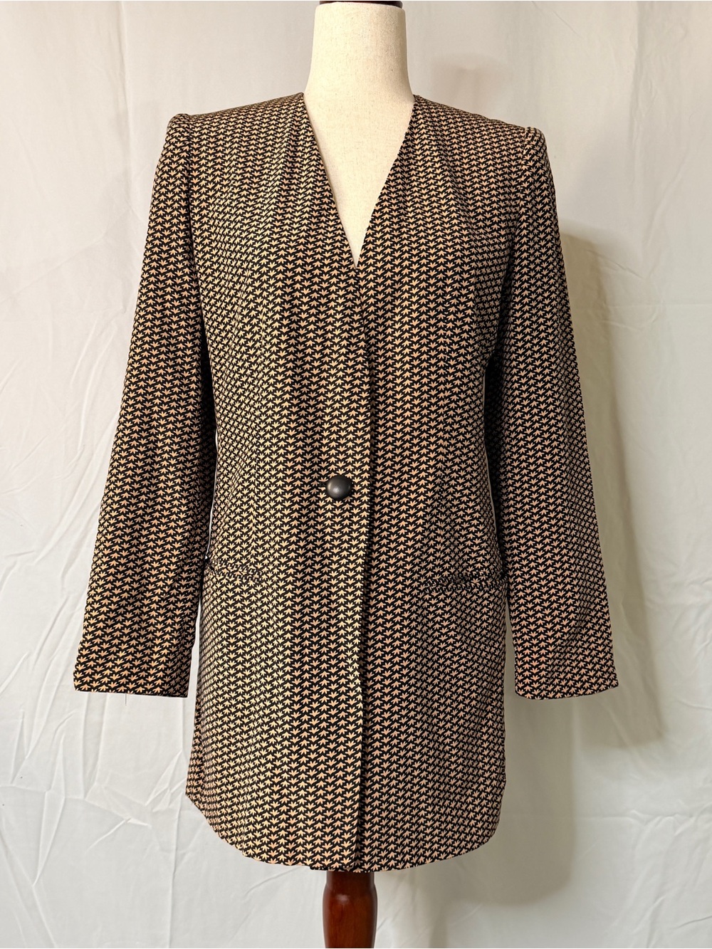 Vintage 80s Women's Silk Brown & Black Single-Button‎ Coat Jacket.